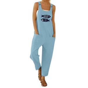 Blue Singlet Overalls Jumpsuit Beach Summer Fish Pockets Casual